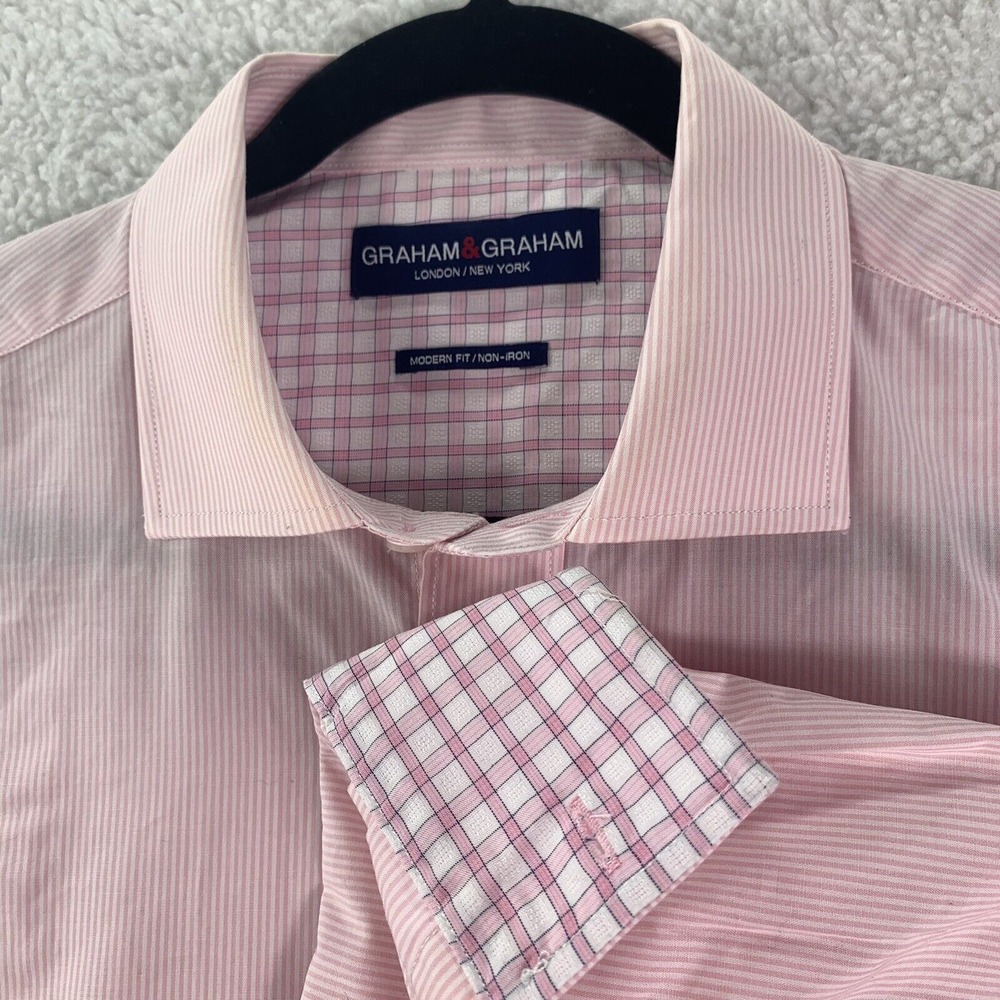 Graham & Graham Mens Flip Cuff Long Sleeve White With Pink Pin Stripe Size XL